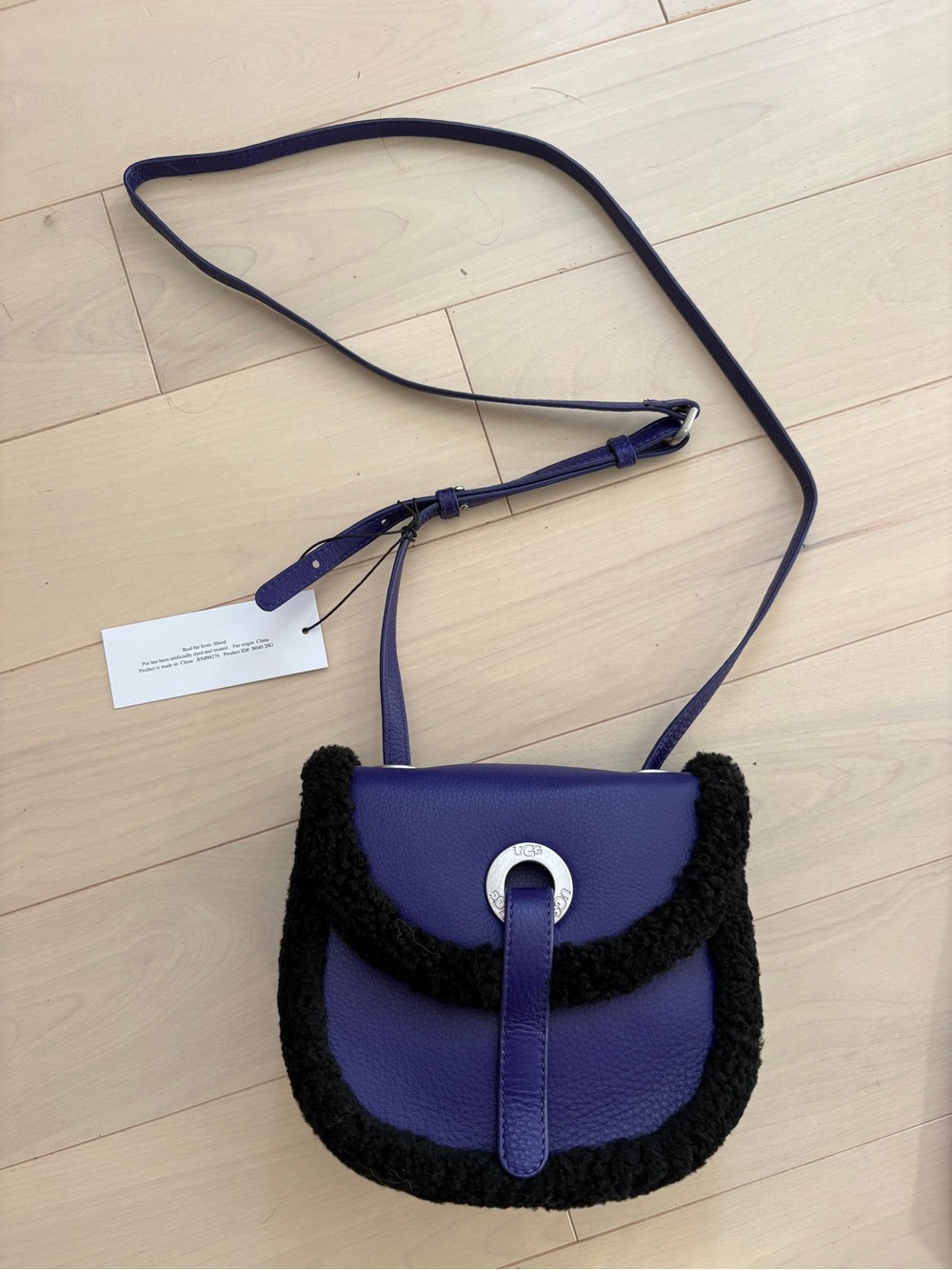 UGG Purple Leather Crossbody Bag with Black Shearling Trim